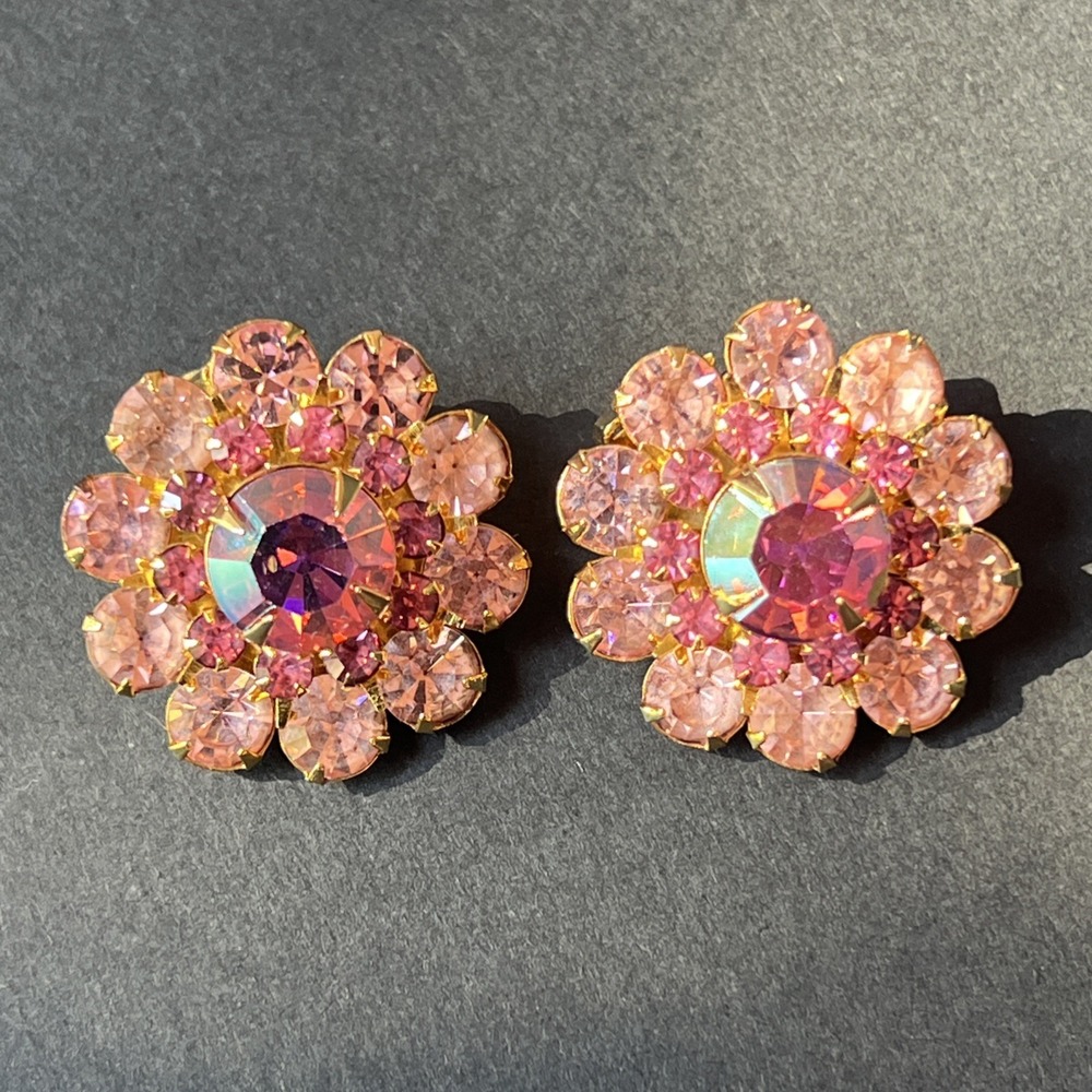 VTG 1960's Judy Lee Pink Cluster Earrings AB Crystal Rhinestone Clip On Signed